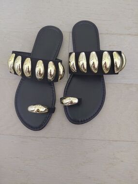Black Slide Toe-Ring Sandals with Gold Accent Beads